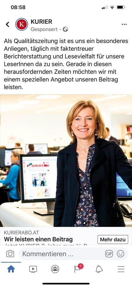 Abo-Werbung mit "Kurier"-Chefredakteurin Martina Salomon auf Facebook