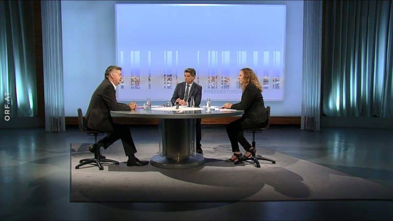 Werner Kogler in der ORF-Pressestunde im Talk mit Doris Vettermann von der Kronen Zeitung und Hans Bürger vom ORF