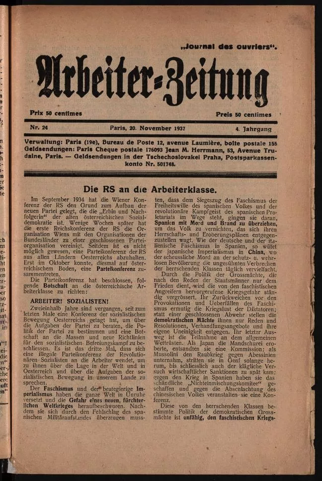 Ausgabe der Arbeiter-Zeitung vom 20. November 1937