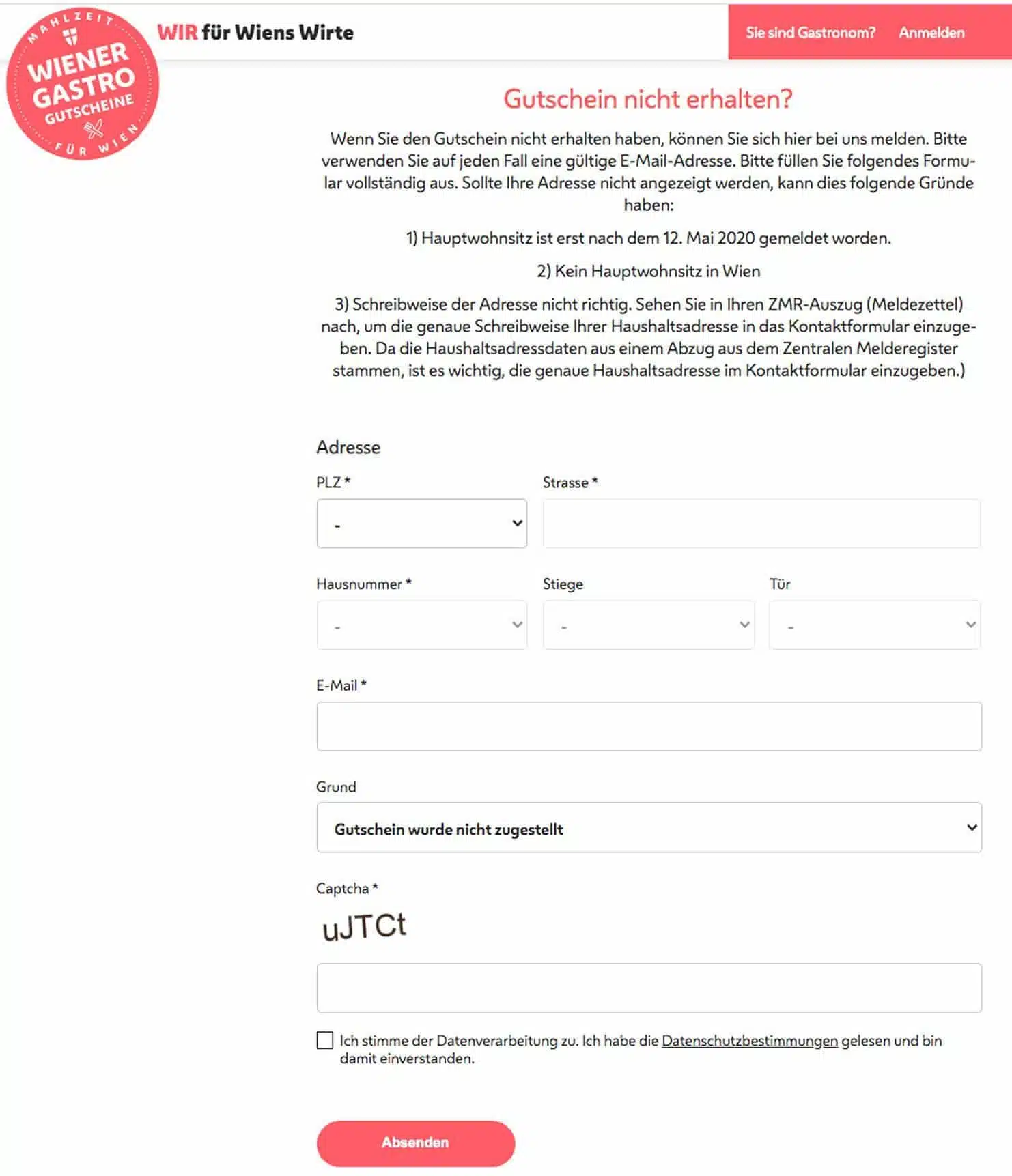 wienergastrogutschein.at Kontaktformular Screenshot