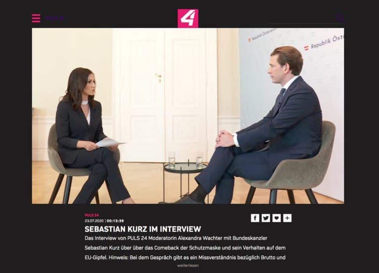 Interview von Puls 4 Journalistin Alexandra Wachter mit Kanzler Sebastian Kurz
