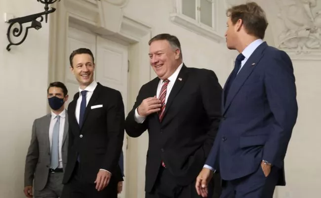 US-Aussenminister Mike Pompeo, Finanzminister Gernot Blümel und der US-Botschafter in Österreich Trevor Traina