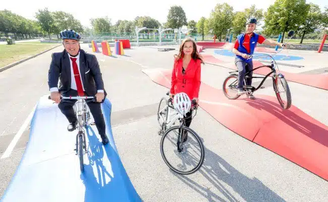 Sima, Taucher und Nevrivy eröffneten Radmotorikpark am Kaisermühlendamm