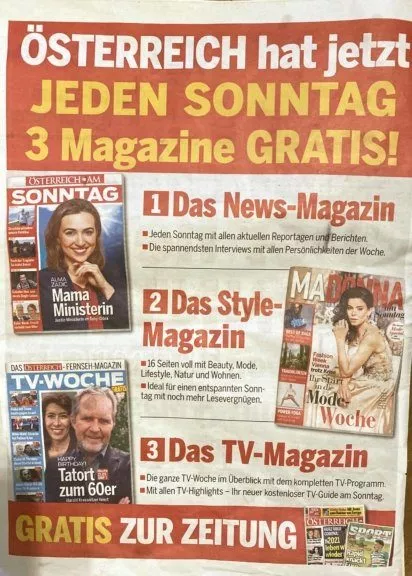 Österreich am Sonntag und drei Magazine: Newsmagazin, Madonna am Sonntag und Fernsehmagazin.