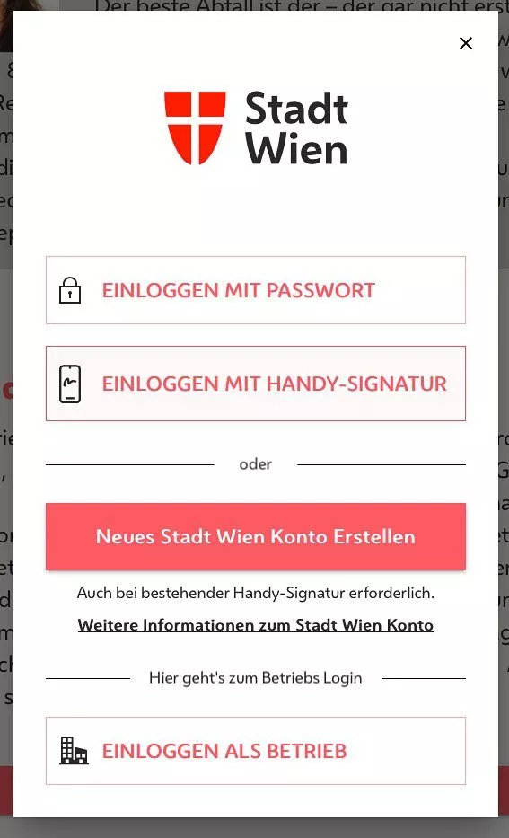 Stadt Wien Konto Anmeldeformular unter https://mein.wien.gv.at/