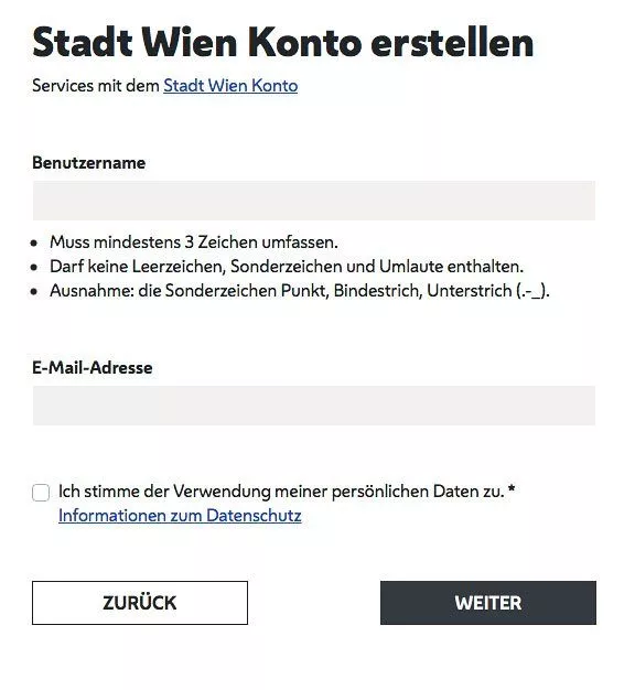 Stadt Wien Konto Anmeldeformular unter https://mein.wien.gv.at/
