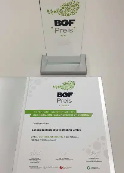 Nationaler BGF-Preis 2020 - Urkunde und Award für Limesoda