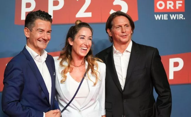 ORF-Programmpräsentation 2023: oland Weißmann, Kati Bellowitsch und Oliver Böhm.