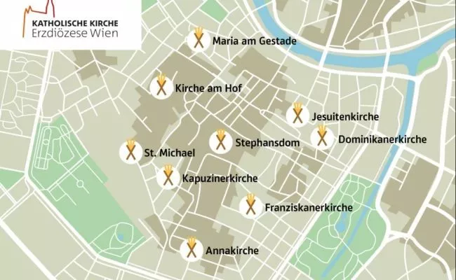 Karte mit Standorten von teilnehmenden Kirchen und Gotteshäusern des Wiener Krippenpfad