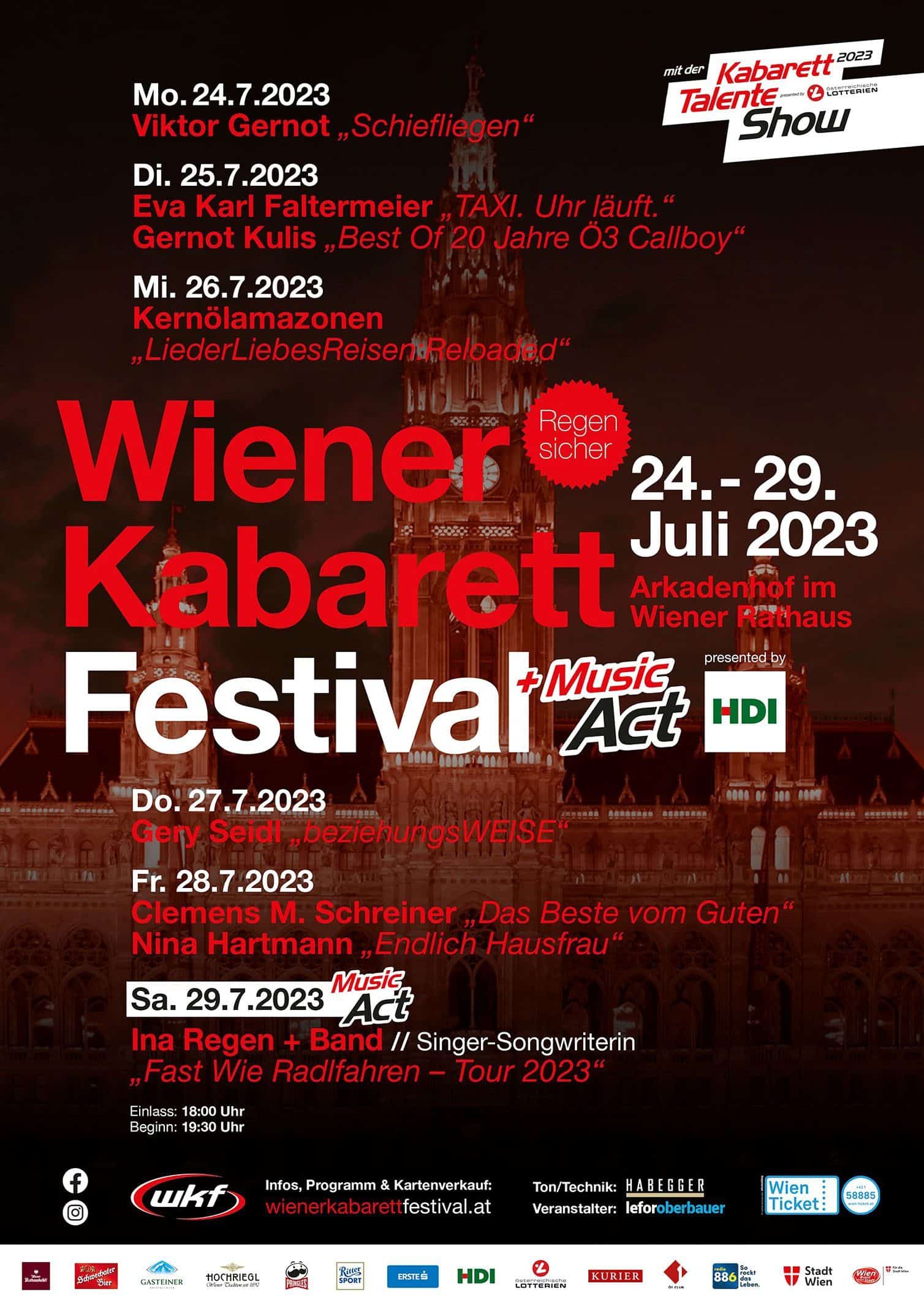 Wiener Kabarettfestival von 24. - 29. Juli 2023 im Arkadenhof des Wiener Rathauses