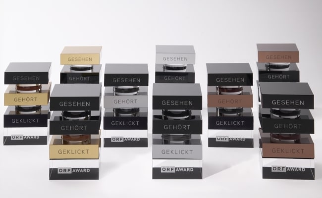 ORF-Awards Trophäen: „Gesehen“, „Gehört“ und „Geklickt“ in Gold, Silber und Bronze.