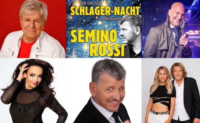 Collage mit Schlagerstars und Veranstaltungsplakat zur Schlagernacht im Weinviertel