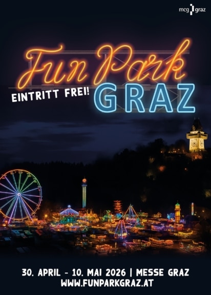 Flyer FunPark Graz 2026 mit Termin 30 April bis 10 Mai und Hinweis Eintritt frei