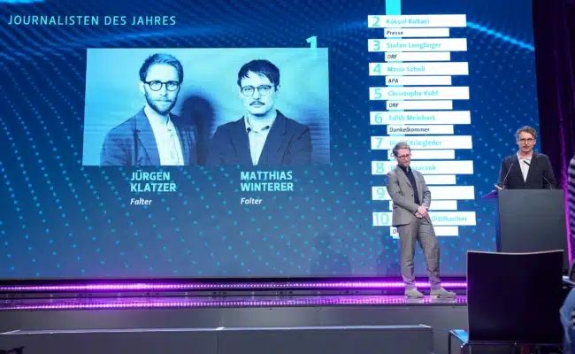 Jürgen Klatzer und Matthias Winterer bei der Ehrung zu den „Journalisten des Jahres“ im ORF-Zentrum.