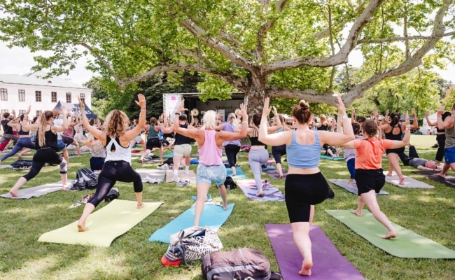 Besucher bei einer Yoga-Session im Schlosspark Hetzendorf in Wien