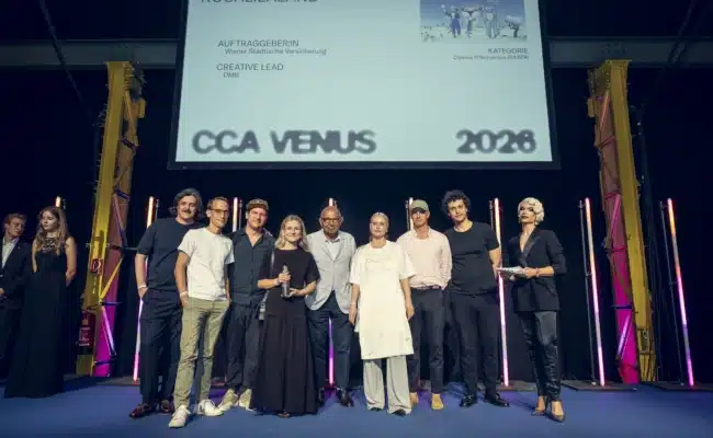 CCA Venus Awards 2026 Auszeichnung für „Rosalilaland“ Team von DMB. und Wiener Städtische Versicherung bei den CCA Venus Awards 2026 auf der Bühne