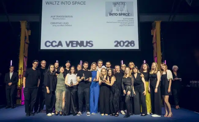Jung von Matt DONAU für „Waltz into Space“ ausgezeichnet Team von Jung von Matt DONAU und Wien Tourismus bei den CCA Venus Awards 2026 auf der Bühne