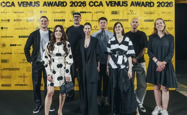 Vorstand des Creativ Club Austria bei der Venus-Gala 2026 Vorstand des Creativ Club Austria vor der CCA-Venus-Logowall bei den Venus Awards 2026 in Wien