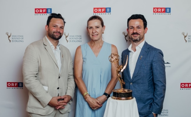 Max Beckham-Ortner, Marijana Stoisits und Armin Luttenberger bei der Semifinaljurierung der International Emmy Awards in Wien