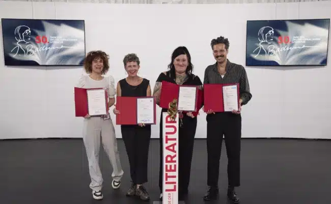 Die Preisträgerinnen und Preisträger der 50. Tage der deutschsprachigen Literatur 2026 nach der Preisverleihung in Klagenfurt.