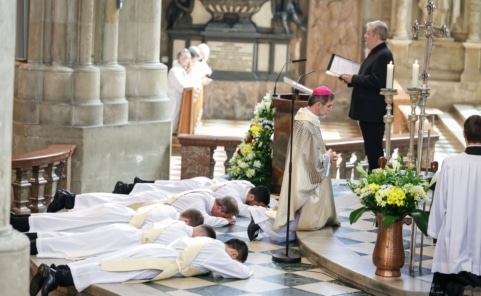 Fünf Weihekandidaten liegen während der Allerheiligenlitanei vor dem Altar des Wiener Stephansdoms am Boden.