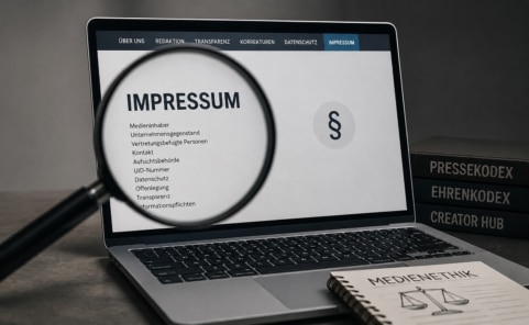 Laptop mit geöffneter Impressumsseite und Lupe als Symbol für Medienstandards, Transparenz und Aufnahmekriterien der Digitalen Allianz.