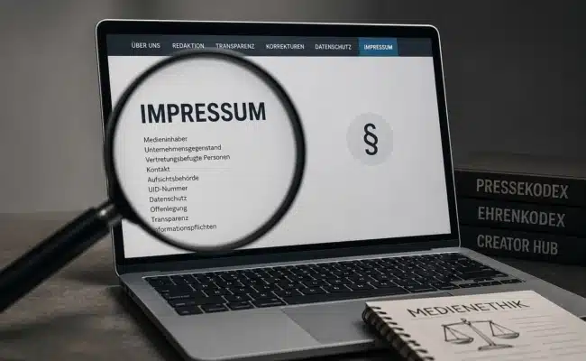 Laptop mit geöffneter Impressumsseite und Lupe als Symbol für Medienstandards, Transparenz und Aufnahmekriterien der Digitalen Allianz.