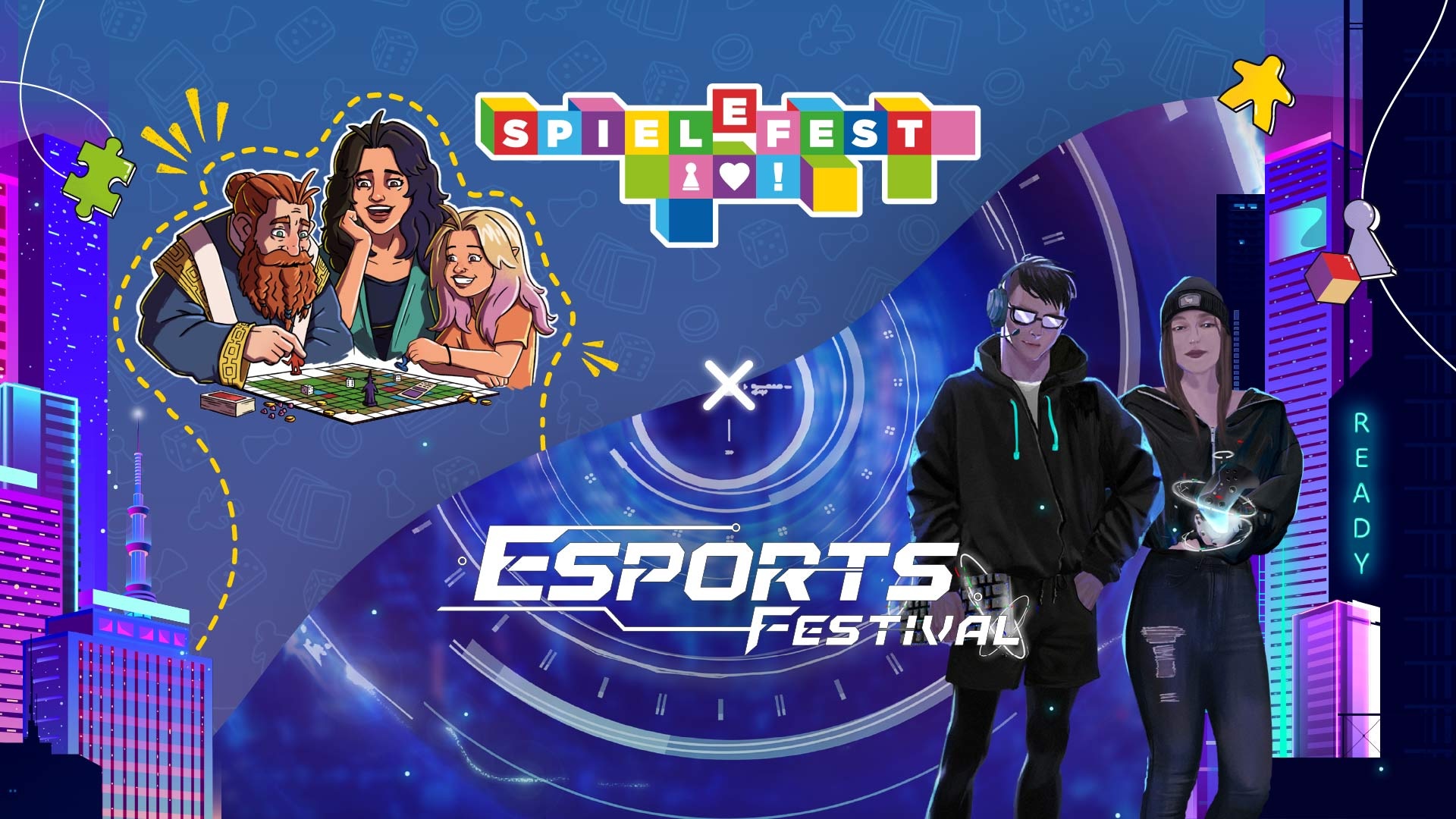 Key Visual von Esports Festival und Spielefest Wien 2026 mit Gaming- und Brettspielmotiven