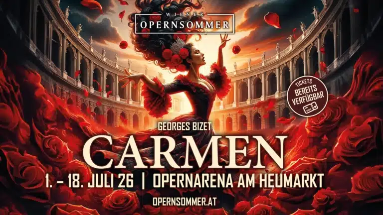 Plakat des Wiener Opernsommers 2026 für Georges Bizets Oper „Carmen“ in der Opernarena am Heumarkt.