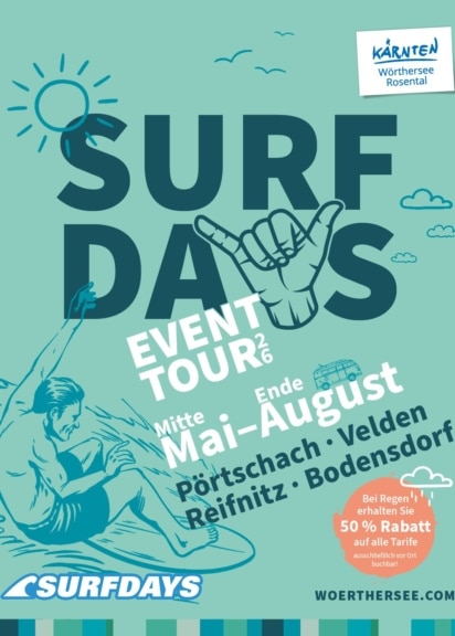 Plakat der Surfdays Event Tour mit Stationen am Wörthersee und Ossiacher See