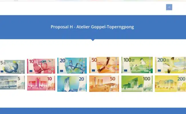 Design H des Ateliers Goppel‑Toperngpong mit Vogelmotiven und Gebäuden europäischer Institutionen
