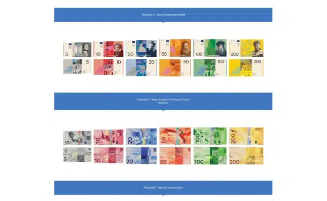 Entwürfe C und D für die neuen Euro-Banknoten mit Kulturporträts beziehungsweise Vogelmotiven