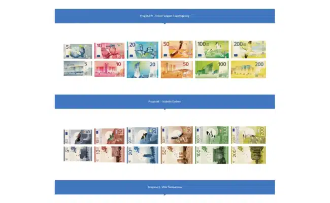 Die Naturentwürfe H und I für neue Euro-Banknoten mit Vögeln, Flusslandschaften und EU-Gebäuden