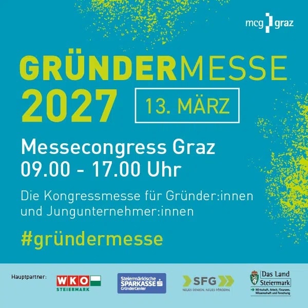 Flyer der Gründermesse 2027 am 13. März im Messecongress Graz.