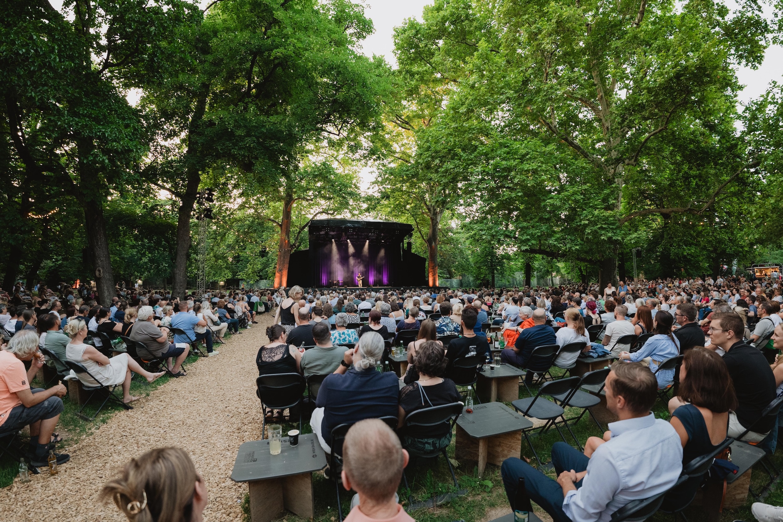 Blick auf das Theater im Park mit Publikum und Bühne unter alten Bäumen in Wien.