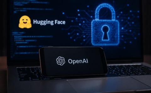 Symbolbild mit den Logos von OpenAI und Hugging Face vor einem Cybersecurity-Hintergrund zur Berichterstattung über einen veröffentlichten KI-Sicherheitsvorfall.