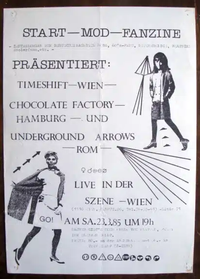 Historisches Konzertplakat des von Manfred „DJ Elk“ Breiner herausgegebenen Start Magazine für ein Konzert von Timeshift in der Szene Wien am 23. März 1985.