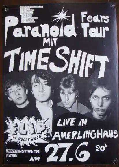 Historisches Konzertplakat von Timeshift und Paranoid Fears für ein Konzert im Amerlinghaus in Wien am 27. Juni 1985.