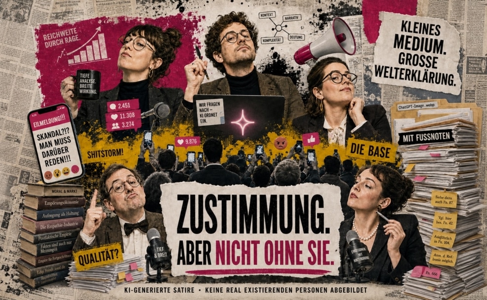 KI-generierte satirische Mediencollage mit fiktiven Redakteuren und der Aufschrift „Zustimmung. Aber nicht ohne Sie.“