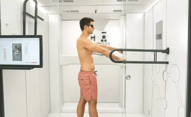 Ein Mann steht mit Schutzbrille im Ganzkörperscanner Deviskan zur digitalen Kontrolle seiner Haut.