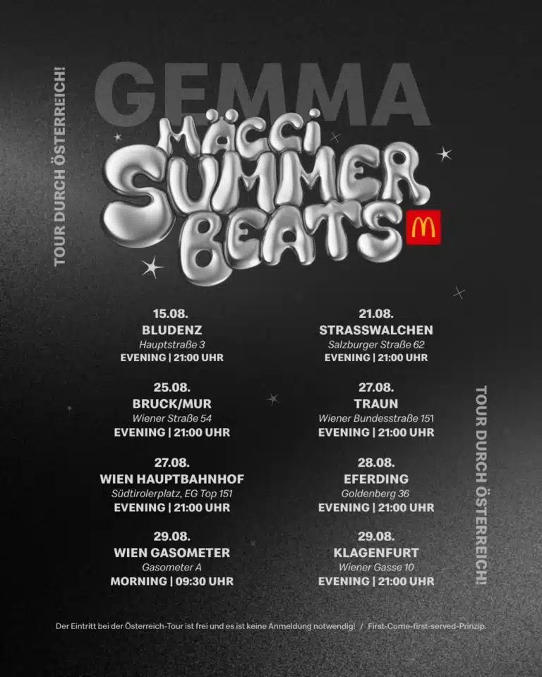 Veranstaltungsplakat der Mäcci Summer Beats mit den Tourterminen in Österreich.