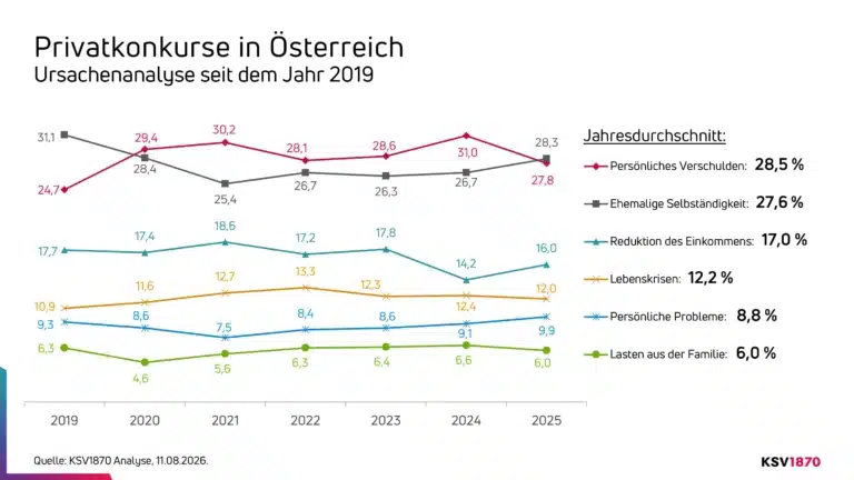Grafik Analyse der Privatkonkurs-Ursachen im Jahresvergleich seit 2019 bis 2025