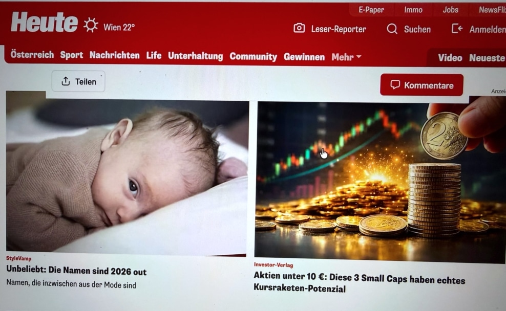 Fotografierte Website der Gratiszeitung „Heute“ mit Logo, Navigation und Werbeanzeigen.