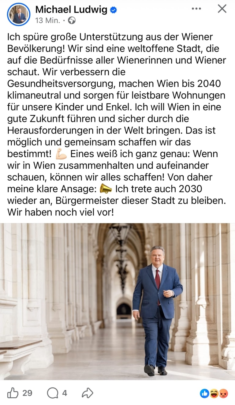 Mit einem Facebook-Posting hat Wiens Bürgermeister Michael Ludwig seine erneute Kandidatur angekündigt.