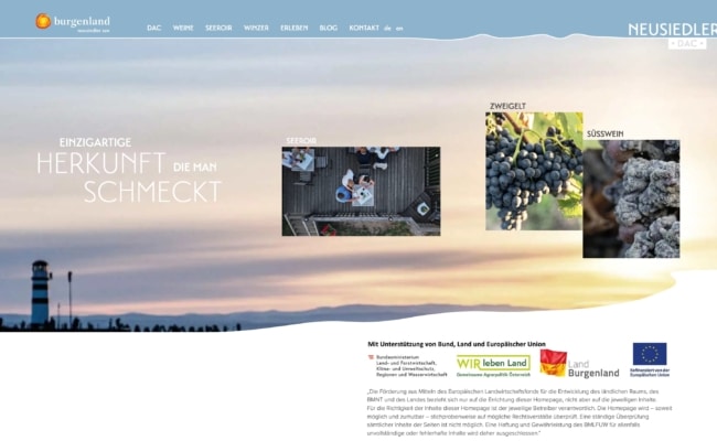 Website des Vereins Neusiedlersee DAC mit Burgenland-Branding sowie Förderhinweisen von Bund, Land und EU.
