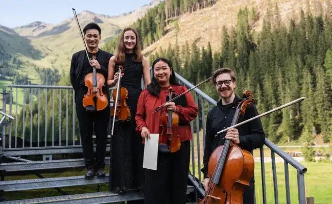 Die vier Mitglieder des Simply Quartet mit ihren Streichinstrumenten vor der Berglandschaft bei Innervillgraten.