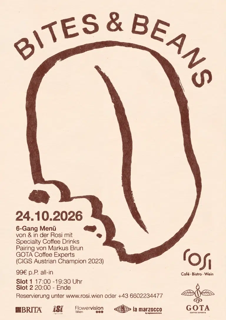 Programmflyer für „Bites & Beans“, ein 6-Gänge-Menü mit Specialty-Coffee-Drinks-Pairing am 24. Oktober 2026 im Restaurant Rosi in Wien.