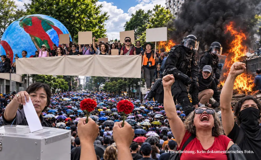 Fotorealistische KI-Collage mit Stimmabgabe, Demonstrierenden, einer Menschenmenge mit Regenschirmen sowie Polizeikräften vor Feuer und Rauch.