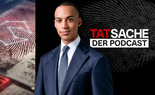 Stefan Lenglinger neben einem Fingerabdruckmotiv und dem Schriftzug „TATsache – Der Podcast“.